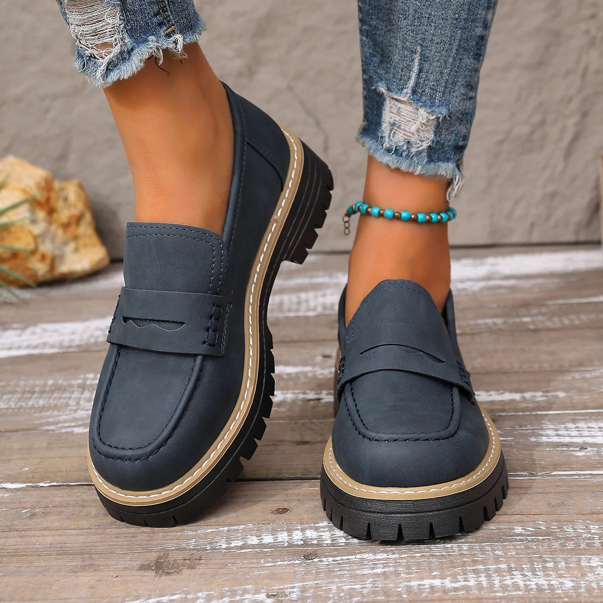 Women Outdoor Platform Loafers Thick Heel Slip on Shoes Spring Autumn British Style Shoes Woman Comfortable Flats Sneakers Women Zpaxo Blue 42