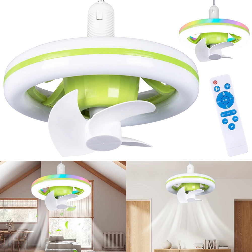 Ceiling Fan with RGB LED Light Remote Control/Switch Control Smart Silent Ceiling Fan E27 Base Cooling Fans Lamp for Living Room Zpaxo