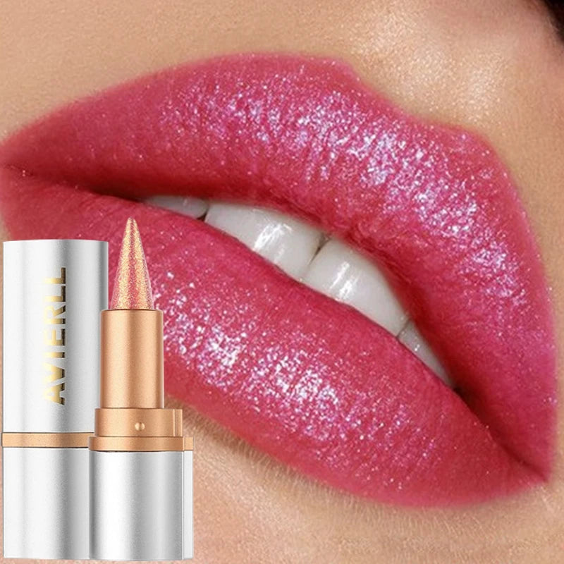 8 Colors Tapered Glitter Shiny Metallic Lipstick Pearlescent Lip Tint Lipliner Lasting Waterproof Easy Color Diamond Lipstick Zpaxo