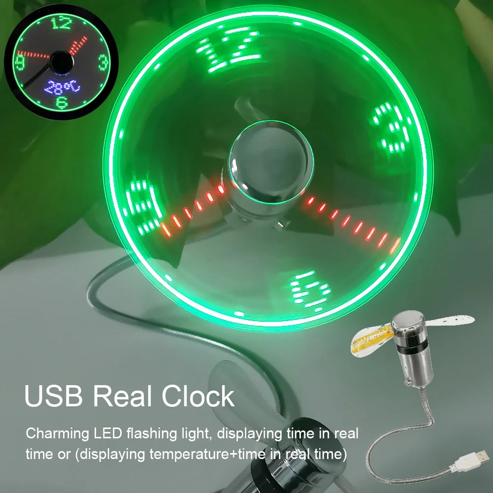 Clock Fans DC 5V Metal Mini Fan Portable Gadgets Cooling Flashing