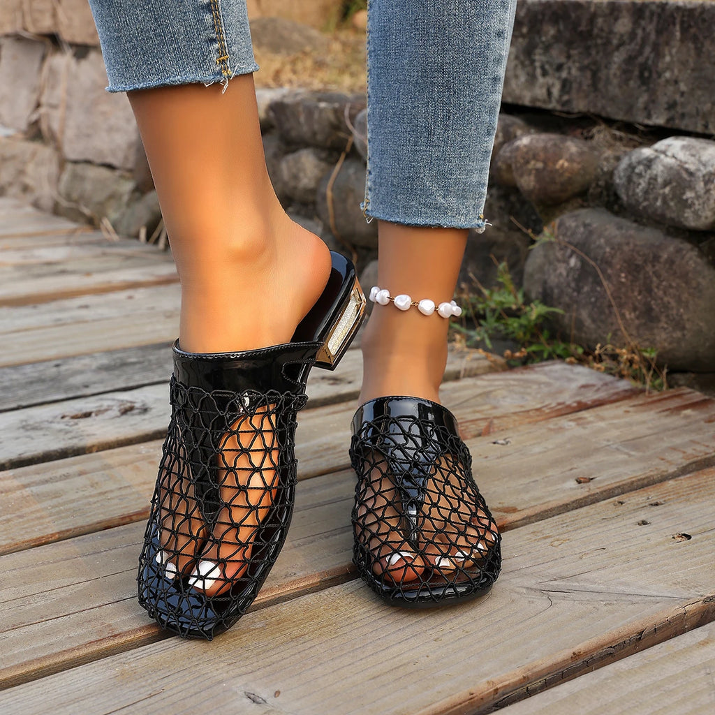 Women Sandals Handmade Hollow Out Pinch Toe Shoes Summer Square Toe Shoes for Women Fashion Slippers High Heels Chunky Heels Zpaxo