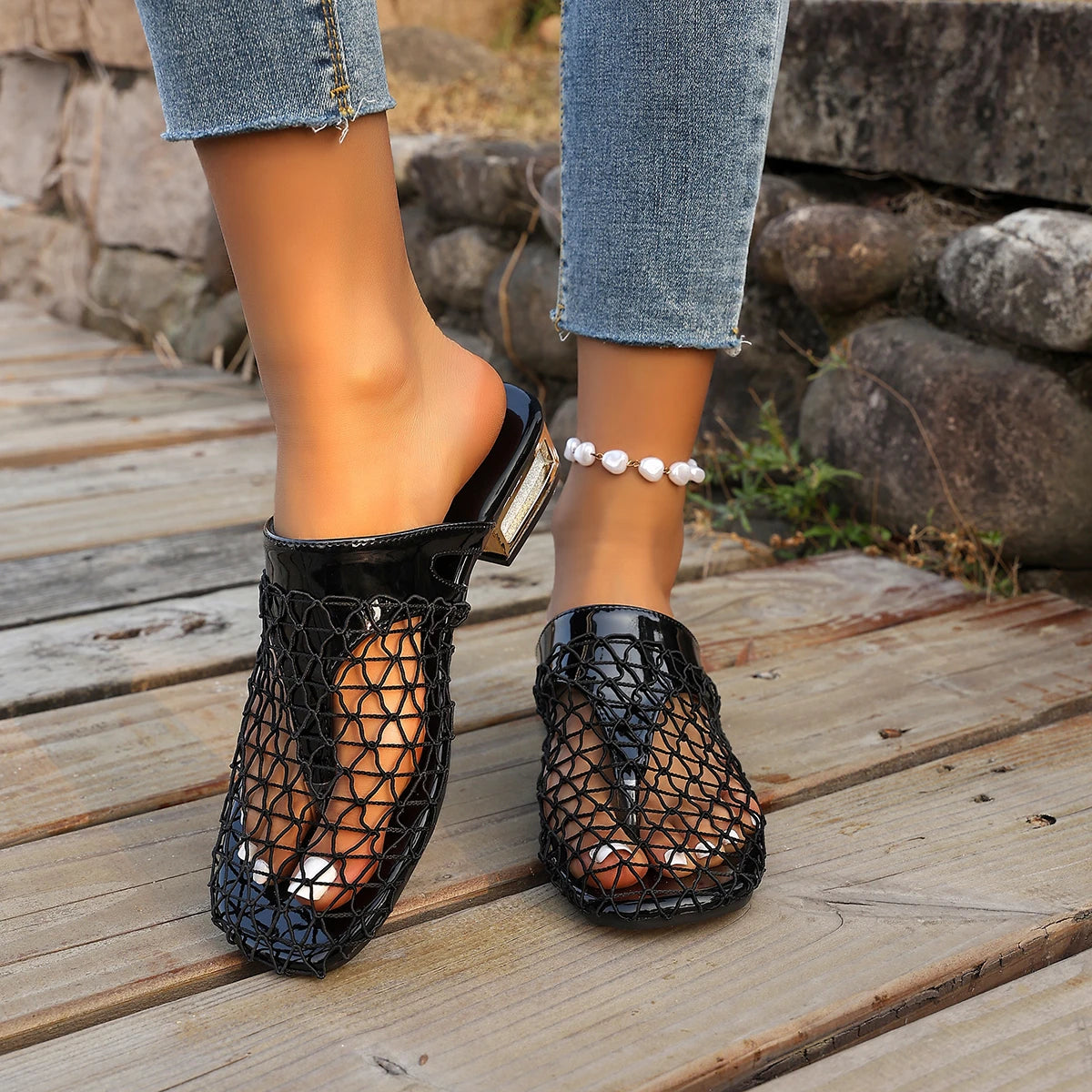Women Sandals Handmade Hollow Out Pinch Toe Shoes Summer Square Toe Shoes for Women Fashion Slippers High Heels Chunky Heels Zpaxo