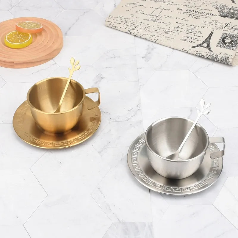 250ml Gold Stainless Steel Coffee & Tea Cup Set with Spoon Coffee Cup Set Zpaxo