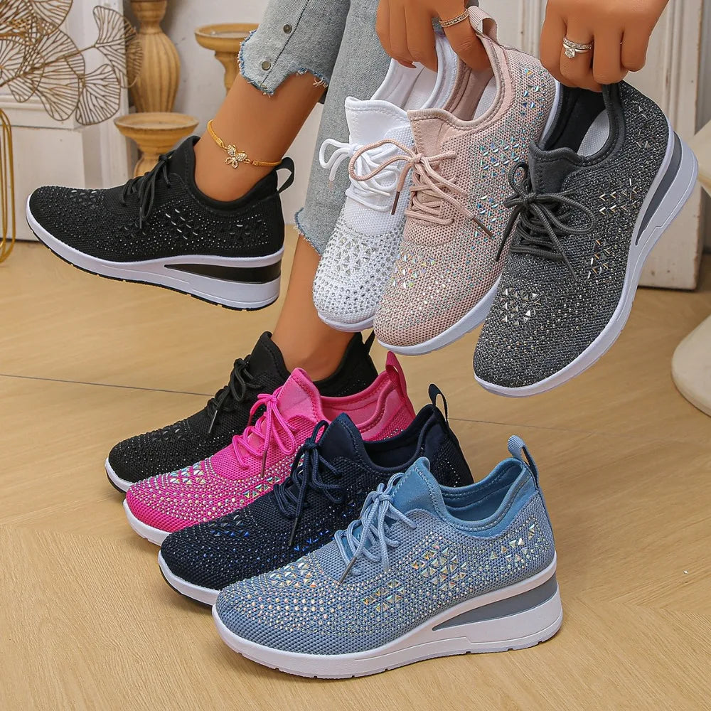 Women's Shiny Rhinestone Wedge Sneakers Breathable Knit Non Slip