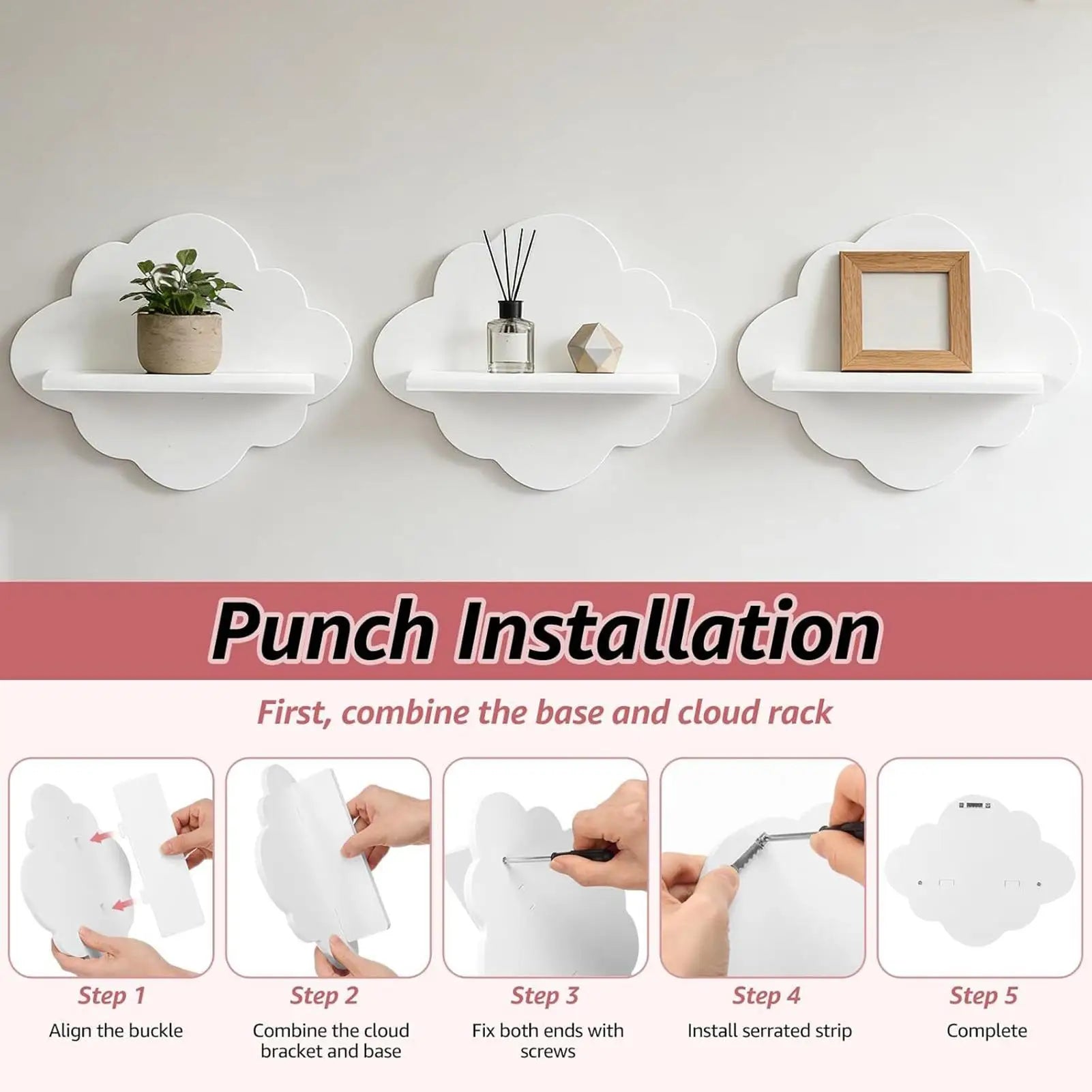 3 Cute Cloud Shaped Floating Wall Shelf Aesthetic Room Decor Storage