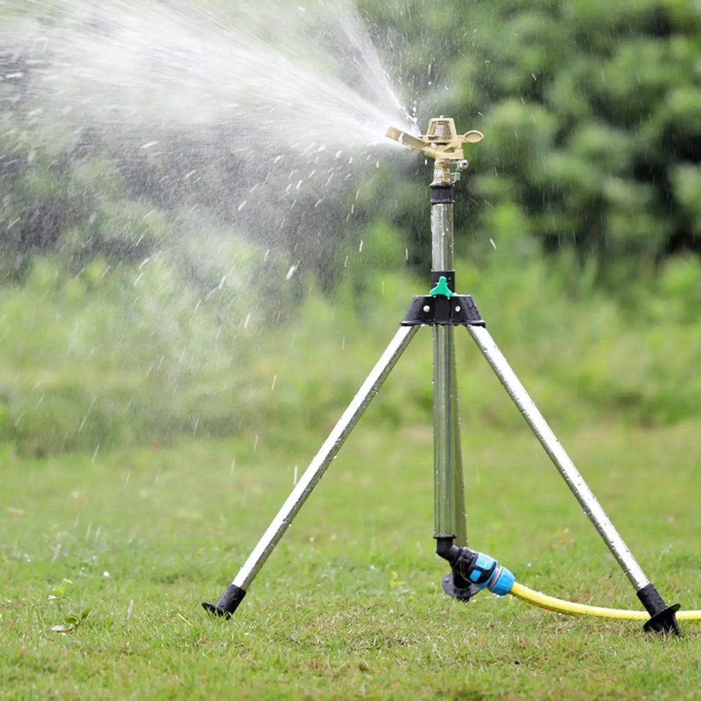 Automatic Lawn Sprinklers Tripod Adjustable Spray Stake Metal Base Water Diffuser for Field Vegetable and Garden Use Zpaxo