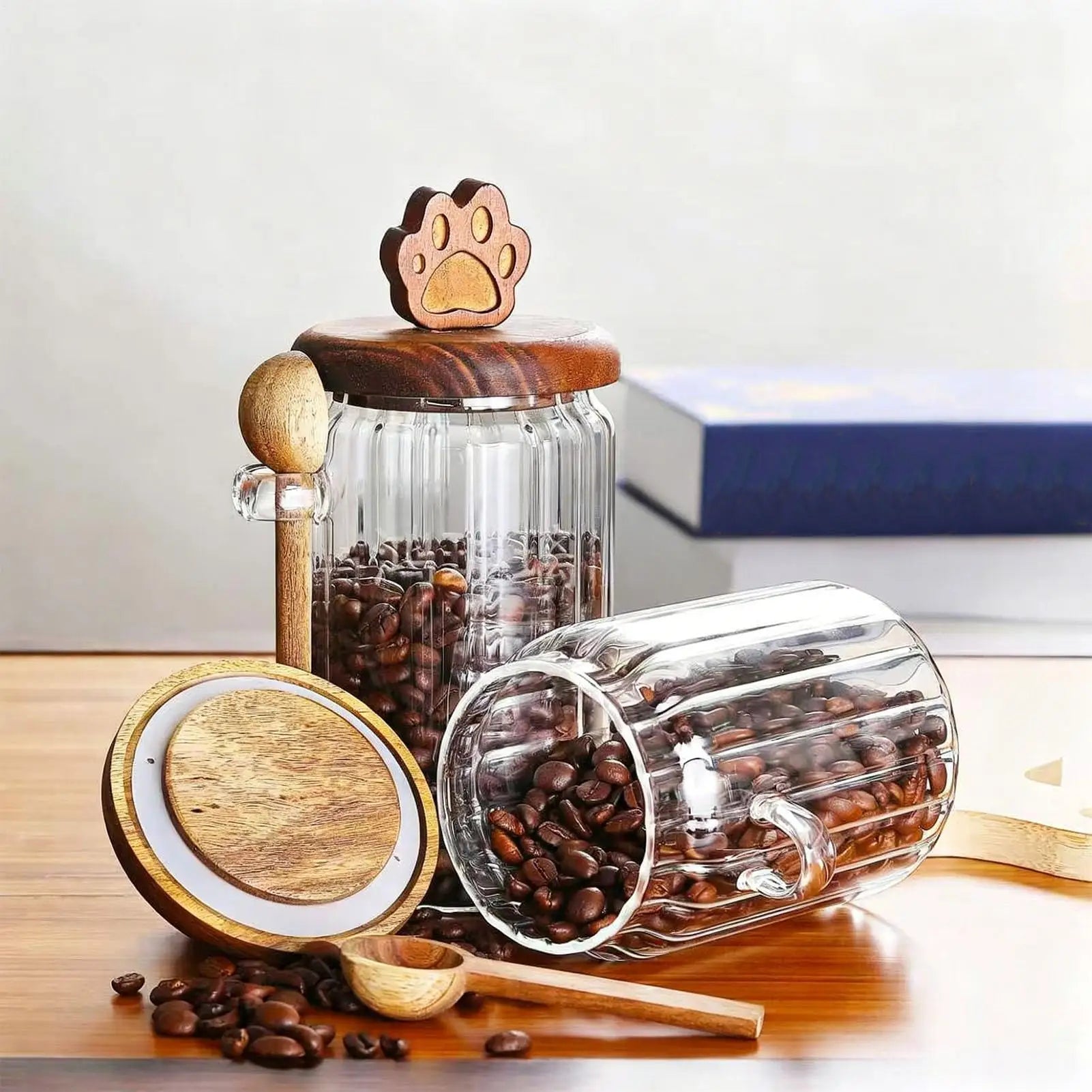 Coffee Jar Scoop Tea Powder Grains Organizer Bear Claw Wood Airtight
