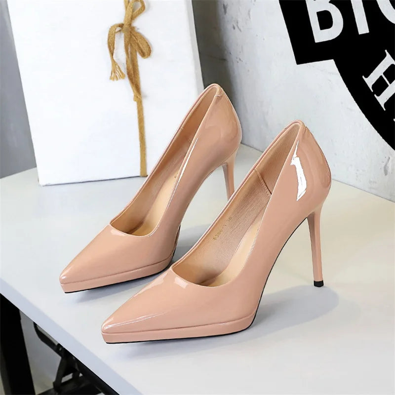 Heels Fashion Banquet Thin Heel Patent Leather Shallow Mouth Pointed Zpaxo