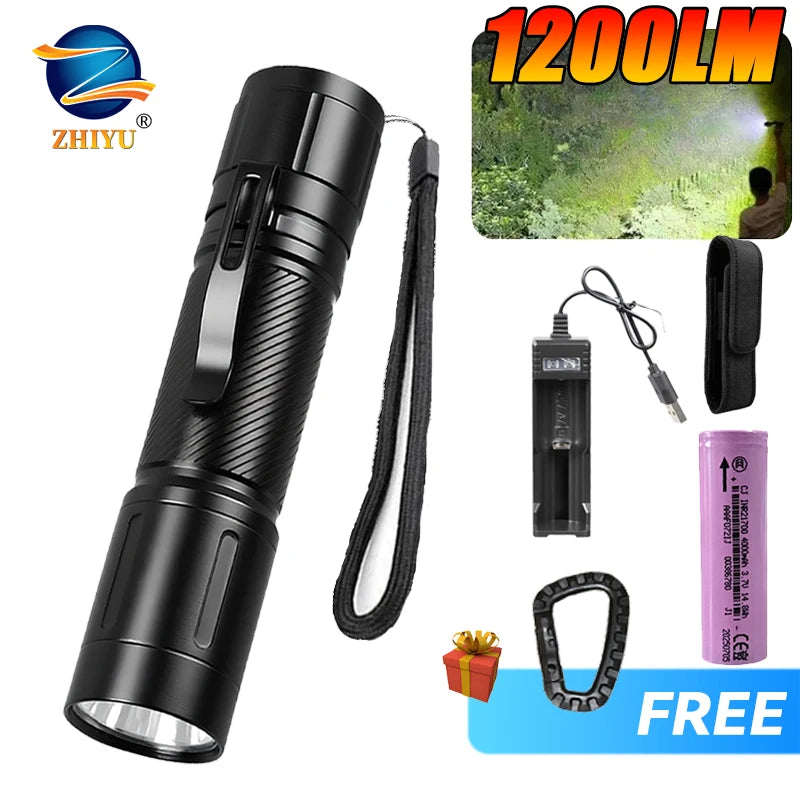 ZHIYU 1200LM Tactical EDC Flashlight – IP66, 6 Modes, 200m Beam