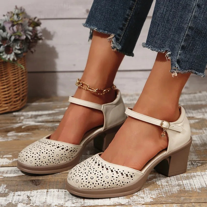 Ankle Strap Heels Sandals Women 2025 Summer Hollow Out Breathable