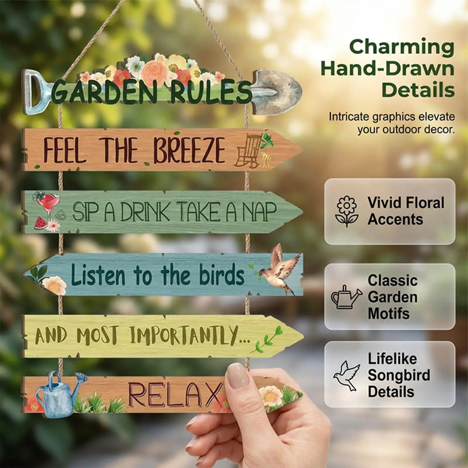 Funny Garden Rules Sign Rustic Wooden Wall Decor Bird Floral Design