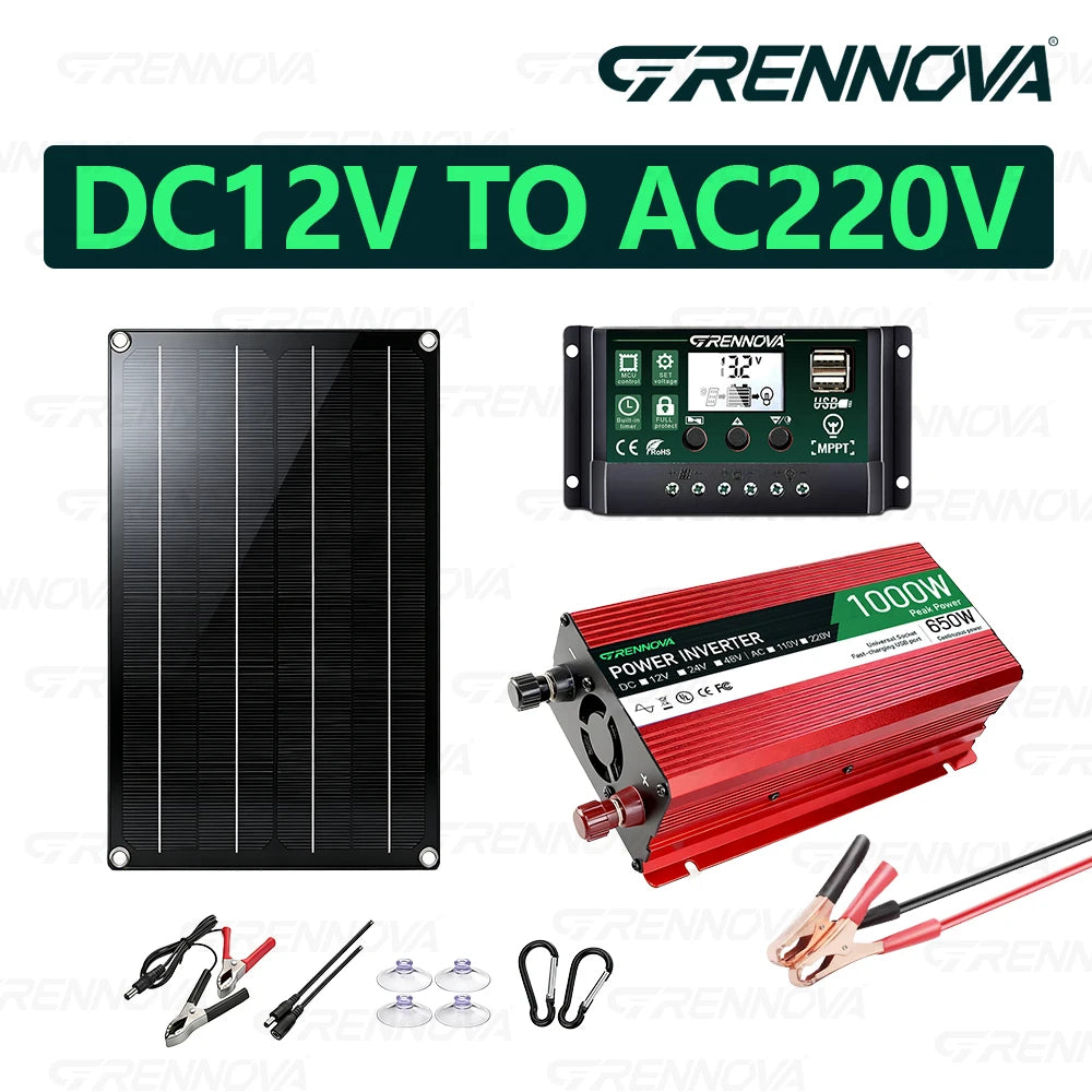 1000W Off-Grid Kit Power Solution True Watt 12V To110V/220V Inverter MPPT Controller 60W Solar Panel DIY Setup Emergency Power Zpaxo 220V Kit
