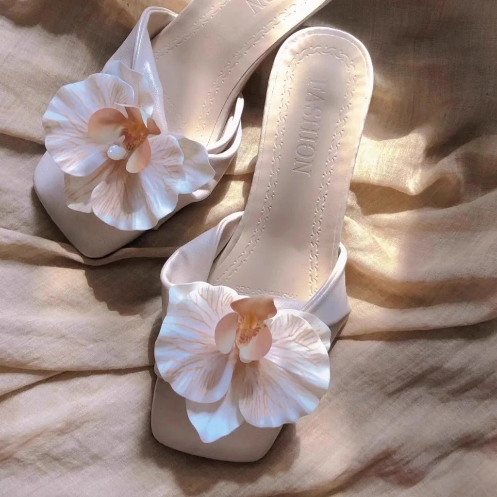 Slippers Women Women's High Heels Slippers Flower 2025 Summer New Style Slim Heel Sandals Women's Ladies Shoes Zapatos Zpaxo