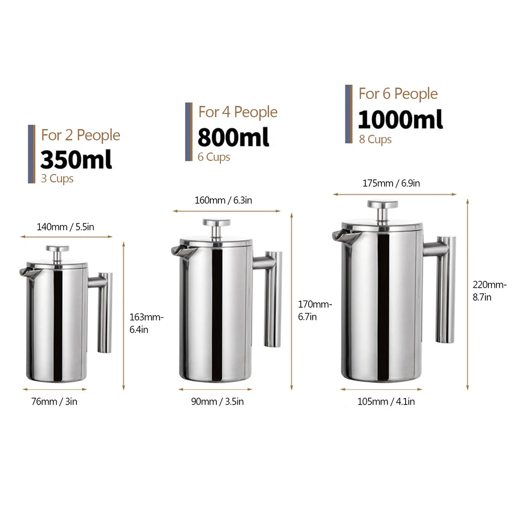 350ml/800ml/1000ml French Press Coffee Maker Stainless Steel Double Walled Insulated Coffee Maker Pot Stainless Steel Kettle Zpaxo