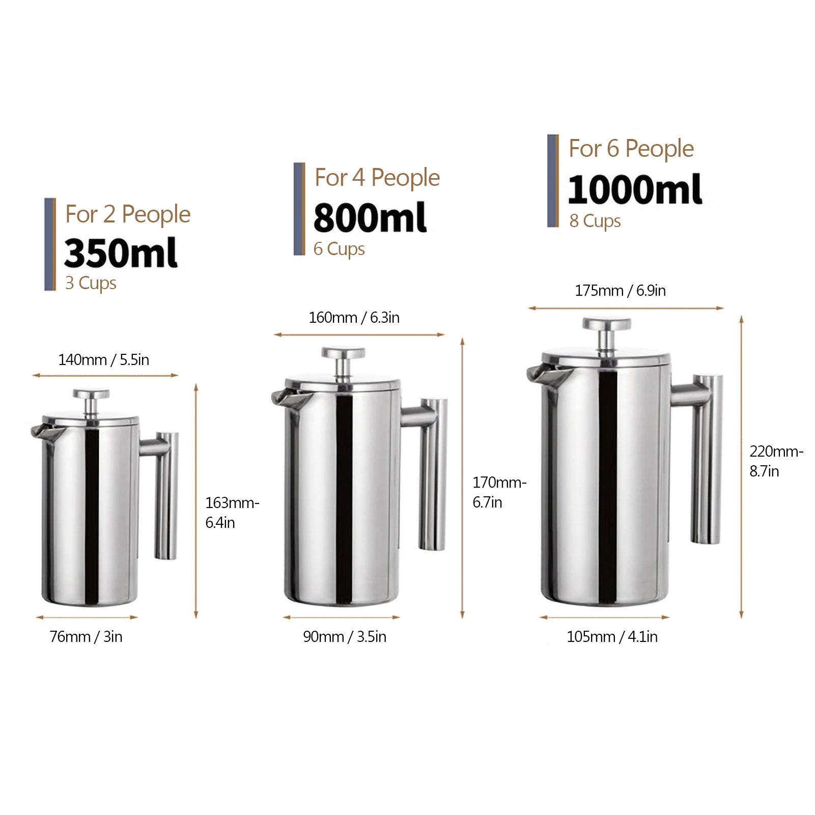 350ml/800ml/1000ml French Press Coffee Maker Stainless Steel Double Walled Insulated Coffee Maker Pot Stainless Steel Kettle Zpaxo