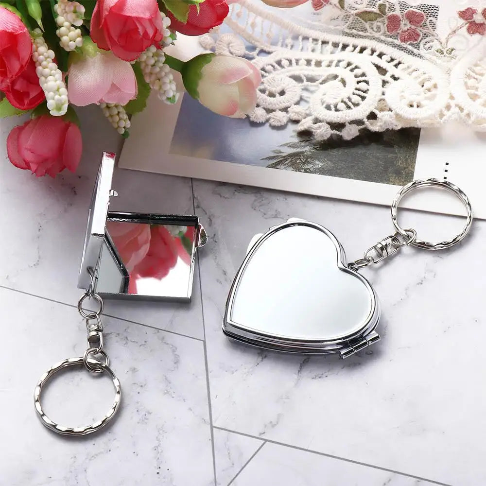 Makeup Mirror Folding Mirror Key Chain with Key Ring Metal Makeup Cosmetic Mirror Key Ring Portable Round Heart Zpaxo
