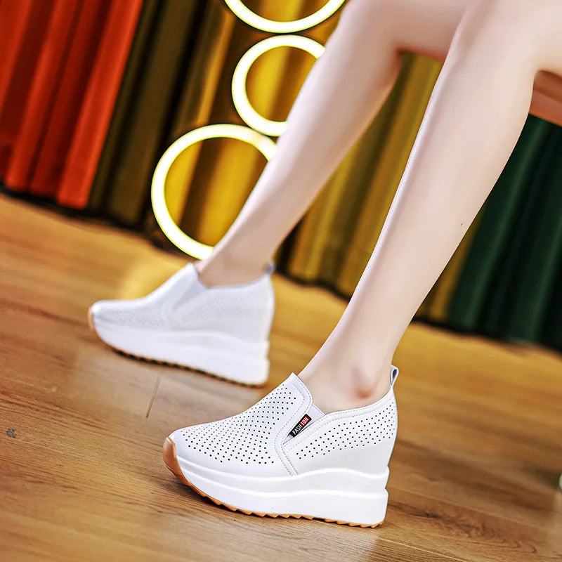 Leather Wedge Sneakers Women Slip Design Round Toe Non Thick Sole Zpaxo
