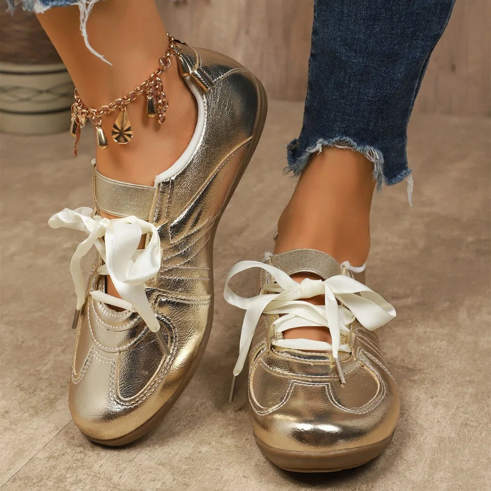 Fashion Gold Silver Women Flat Sneakers Lightweight Soft Sole Shoes