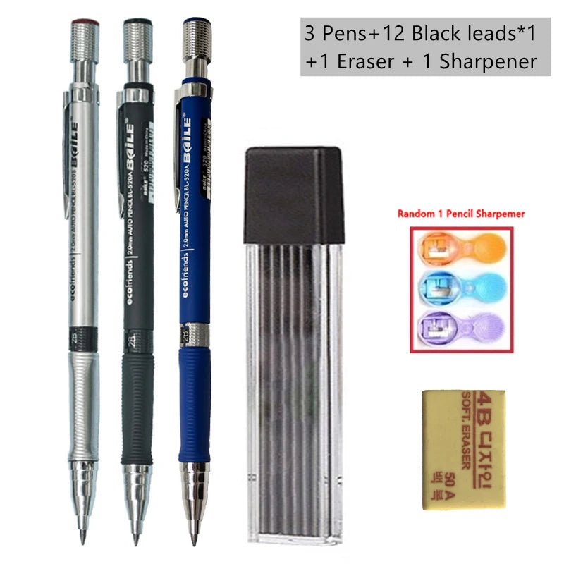 2mm Mechanical Pencil Set with Color/Black Lead Art Drawing Design Automatic Pencil Writing Student Office School Stationery Kit Zpaxo Black Pencil set A