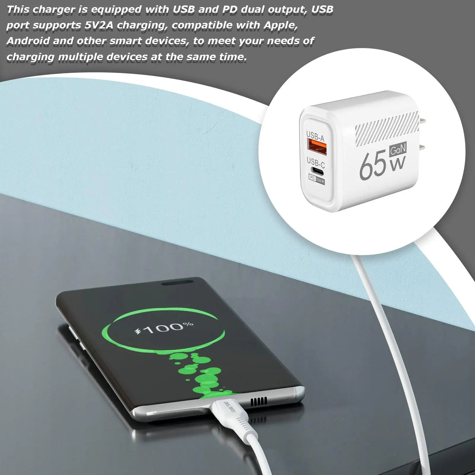 65w 2 Port Fast Charger Adapter Wall Plug International Travel