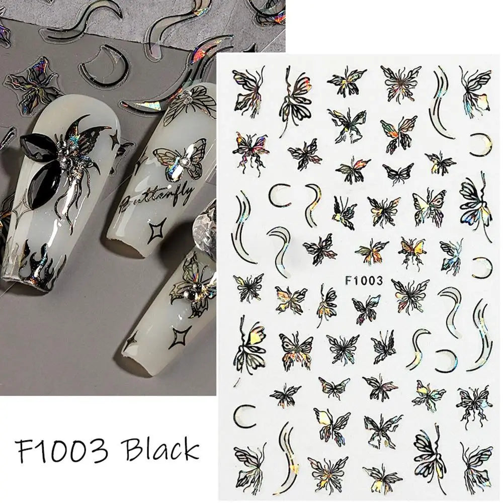 Butterfly Laser Nail Stickers Holographic Glitter Shining Adhesive Slider DIY 3D Nail Art Decal Decoration Zpaxo F1003-Balck
