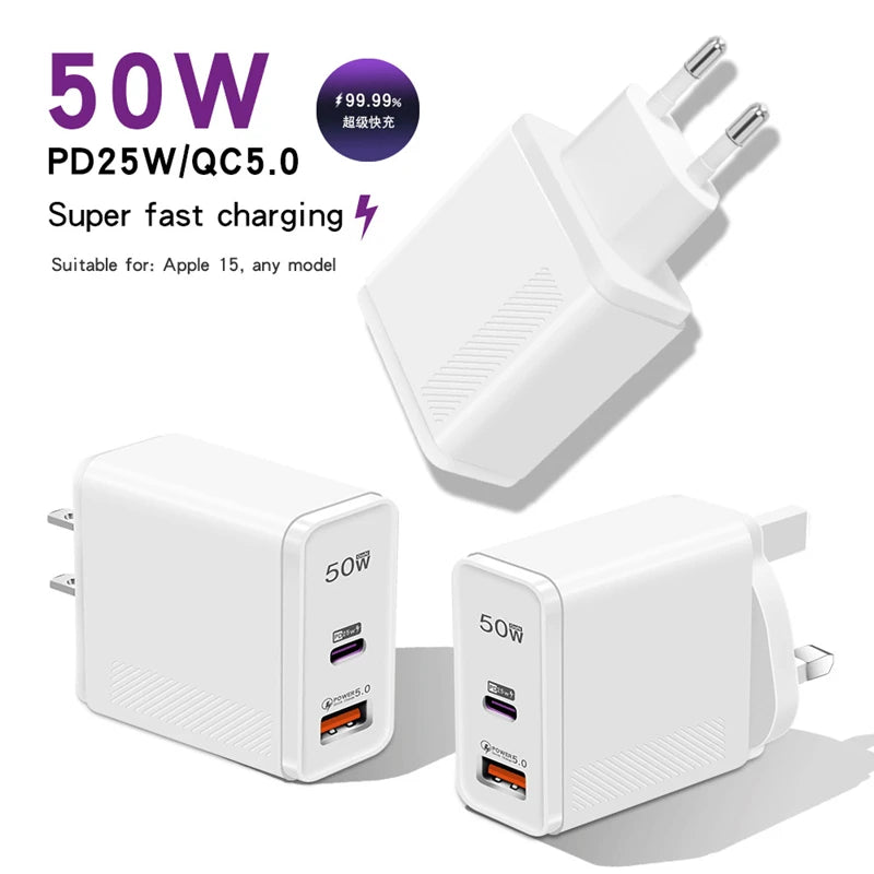 50W Dual Port USB C Fast Charger Samsung Xiaomi Huawei Iphone Oneplus