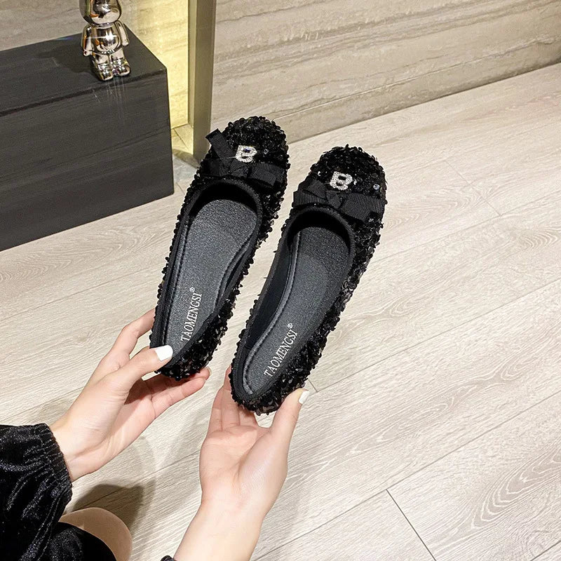 Flat Shoes for Women Spring Autumn 2025 Shallow Mouth Sparkling Sequin Bow Blingbling Plus Size 42 43 41 Kawaii Shoes Zpaxo