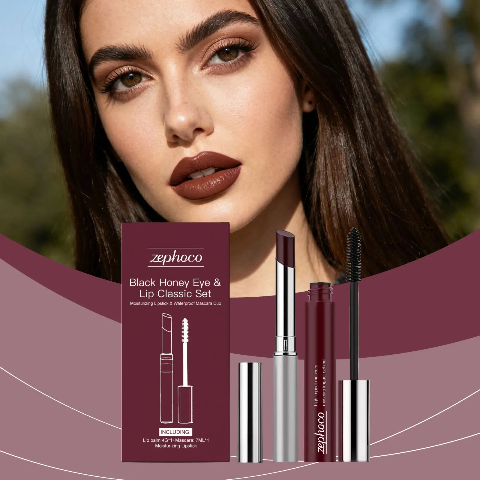 Anti-Fading Black Honey Eye & Lip Classic Set Moisturizing Glossy Plumping Lips Lipstick Eyelashes Curling Makeup Cosmetic Tool Zpaxo