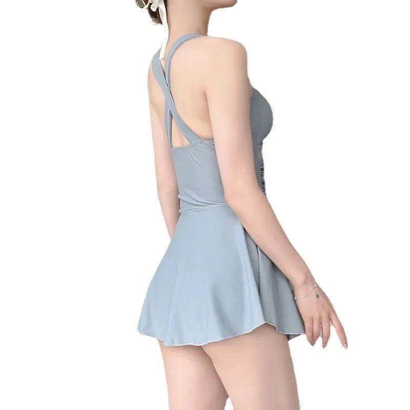 Swimming Suit for Women Solid Color Slimming One-piece Dress Style Conservative Waist Tightening Slimming Vacation Swimsuit Zpaxo