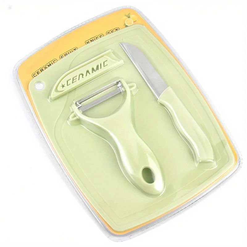 3PCS hree Piece Kitchen Multi-functional Melon And Fruit Knife Ceramic Fruit Knife Set T Peeler Vegetable Cutting Board Zpaxo Stainless SteelGreen