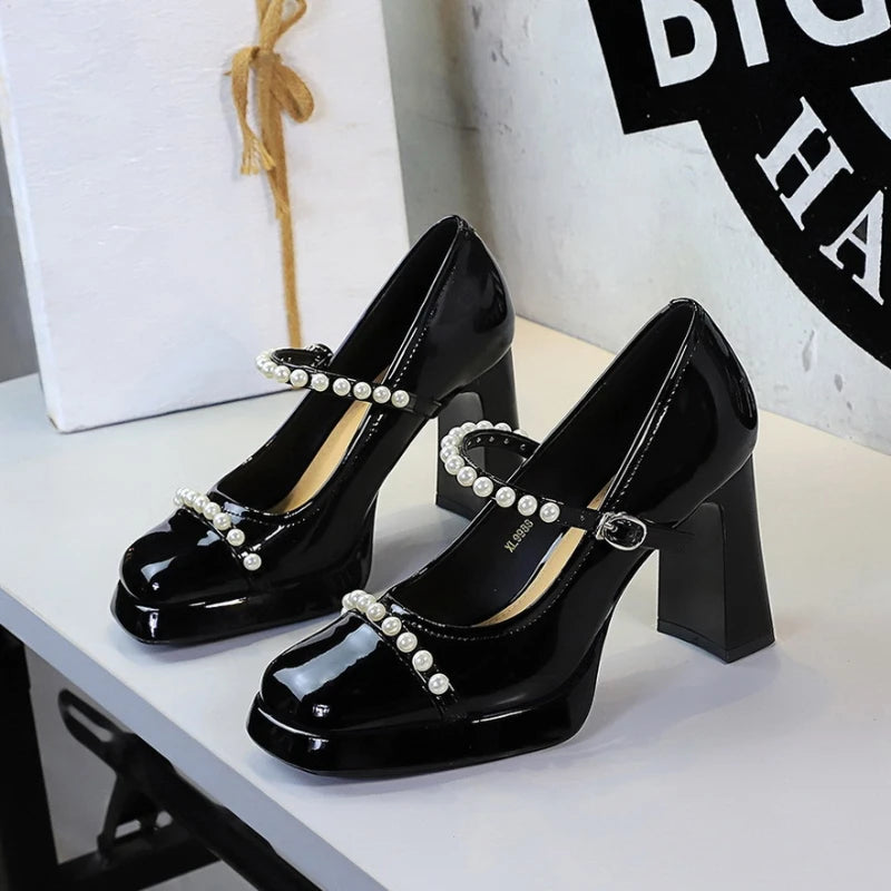 Retro Square Toe Thick Heel Shoes Waterproof Platform Pearl Heels Zpaxo 9988-H112 Black 38(insole 23.6cm) China Mainland