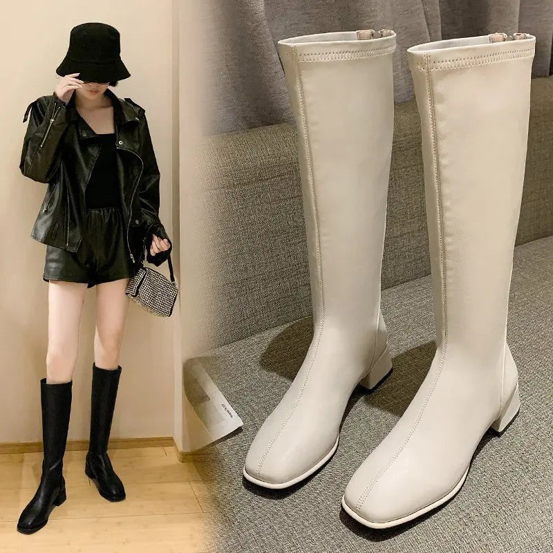 2023 Women Knee Boots Female Leather Knight Ties Lady Heels White Zpaxo