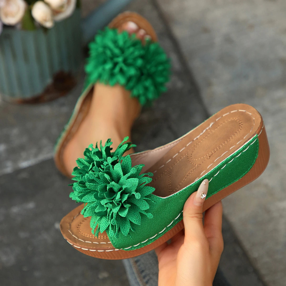 Women Wedges Slippers 2025 New Summer Sandals Slip on Fashion Woman Shoes Flower Platform Slippers Slides Women Zapatos De Mujer Zpaxo green 38