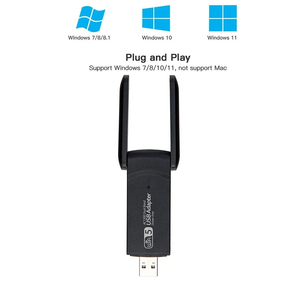 Wi-Fi Dongle USB Adapter Dual Band 2.4G/5Ghz 1300M 802.11AC Powerful Antenna Wireless For Win7/10/11 PC/Laptop Driver Free Zpaxo