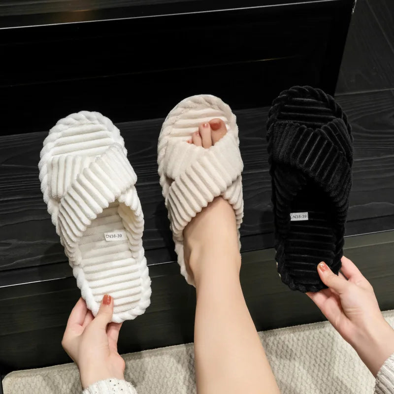 Fashion Corduroy Cross Band Open Toe Home Slippers Women Autumn