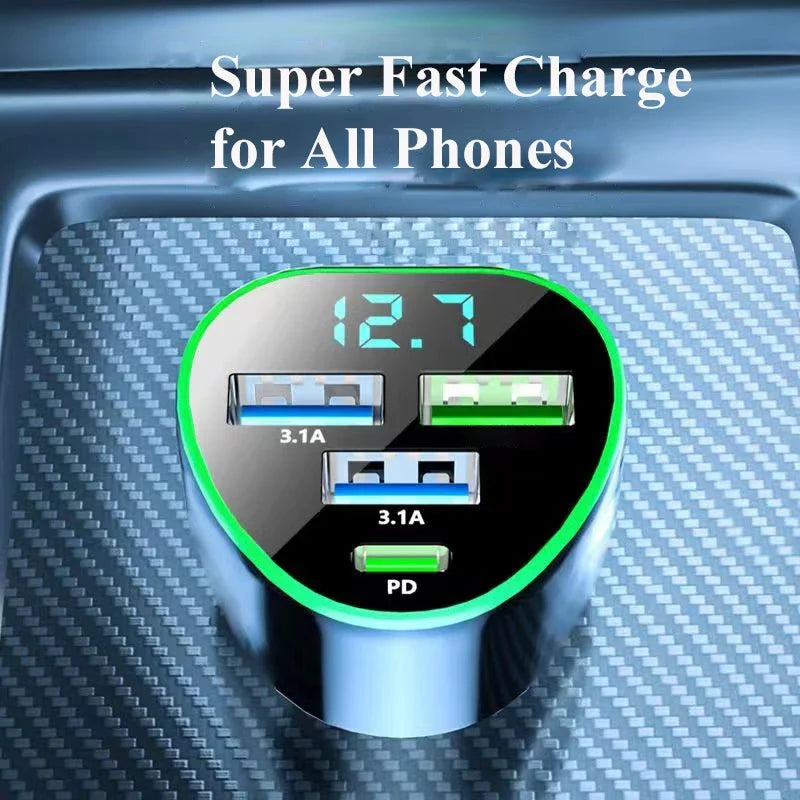 Car Phone Charger USB C Fast Charge LED Voltage Monitor Iphone Zpaxo