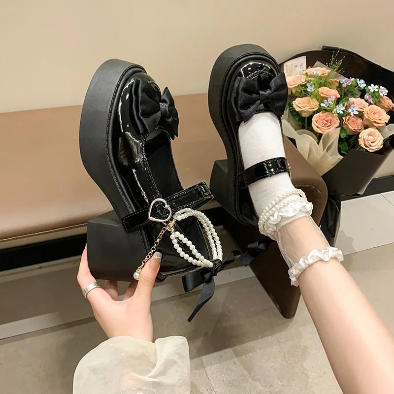Women's Bow Embellishment Pearl Chain Thick Sole Heel Lolita Shoes Zpaxo black 38