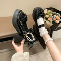 Women's Bow Embellishment Pearl Chain Thick Sole Heel Lolita Shoes Zpaxo black 38