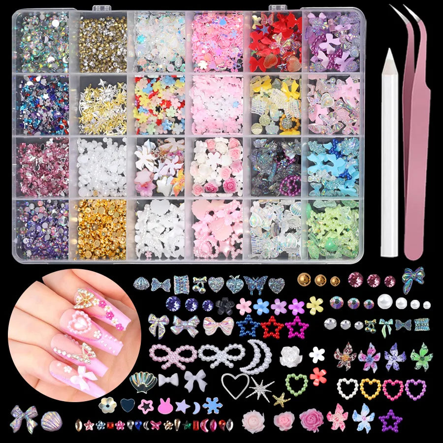24 Grid Resin Nail Art Mixed Charms Flowers Butterfly Heart Pearl DIY