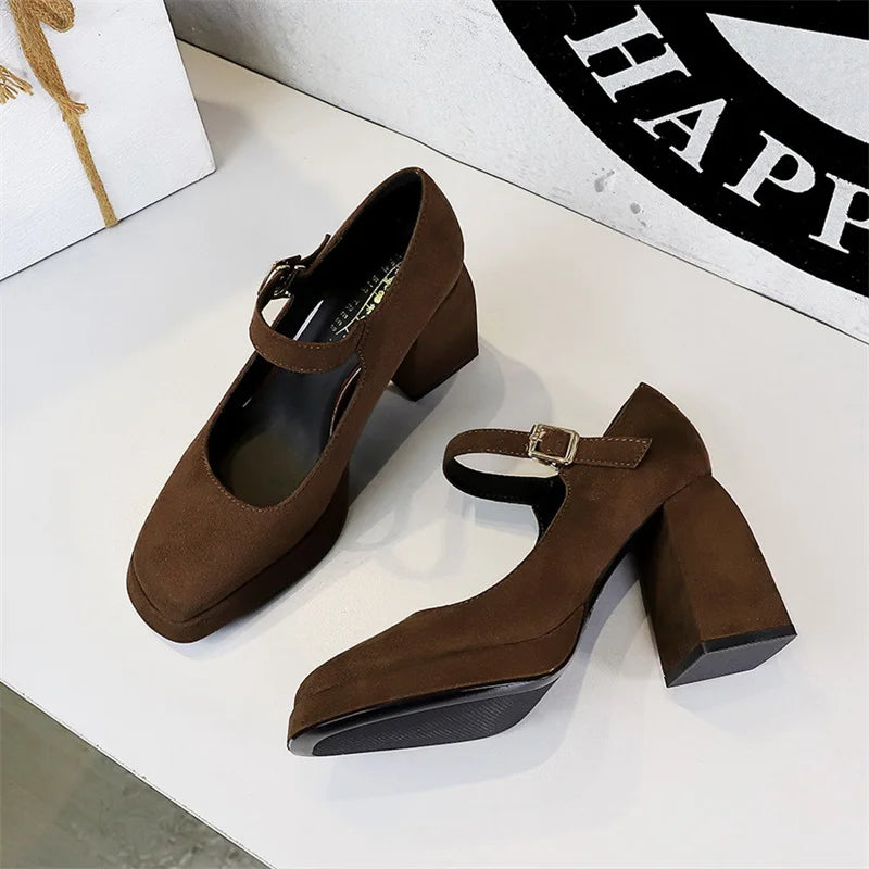 Retro Heel Thick Waterproof Platform Suede Shallow Mouth Square-head Zpaxo