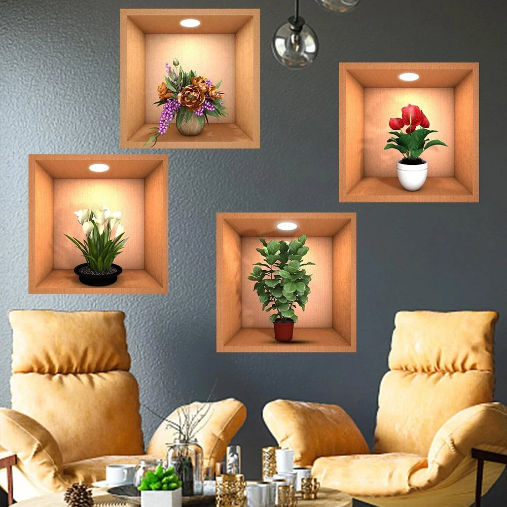 4Pcs 3D Plant Wall Stickers Floral Pattern Green Plants PVC Wall Sticker for Home Art Room Bedroom Background Decoration Zpaxo
