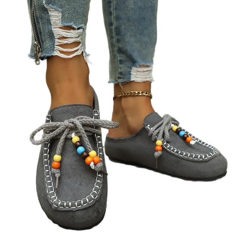 Women's Slip-on Loafers Soft Bottom Suede Leather Ethnic Flats Beaded