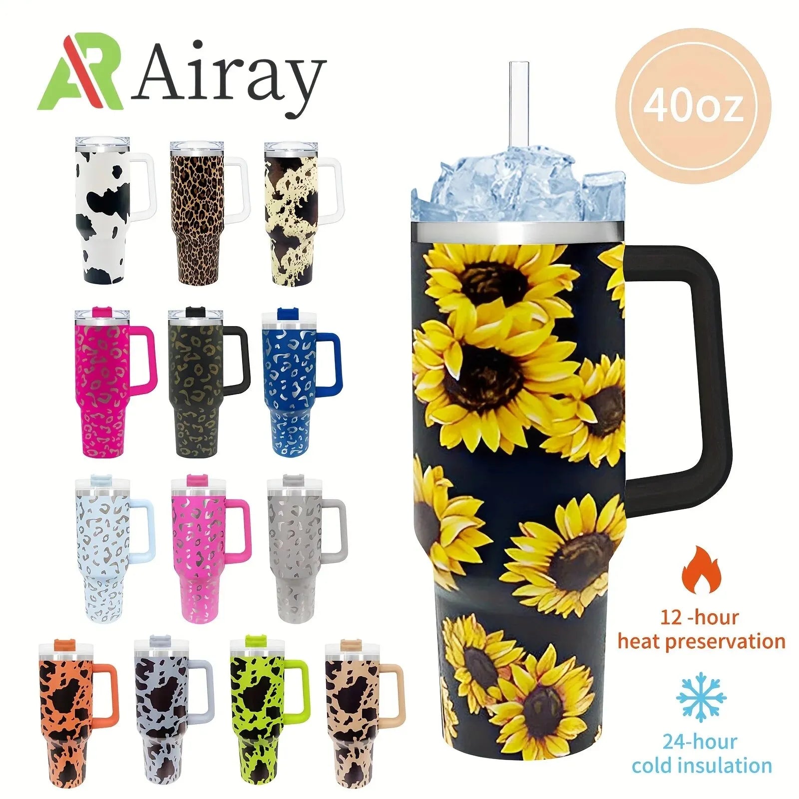 Christmas New Year gift 40oz Portable Stainless Steel Coffee Cup - Large Capacity Leopard Print Straw Water Bottle Zpaxo