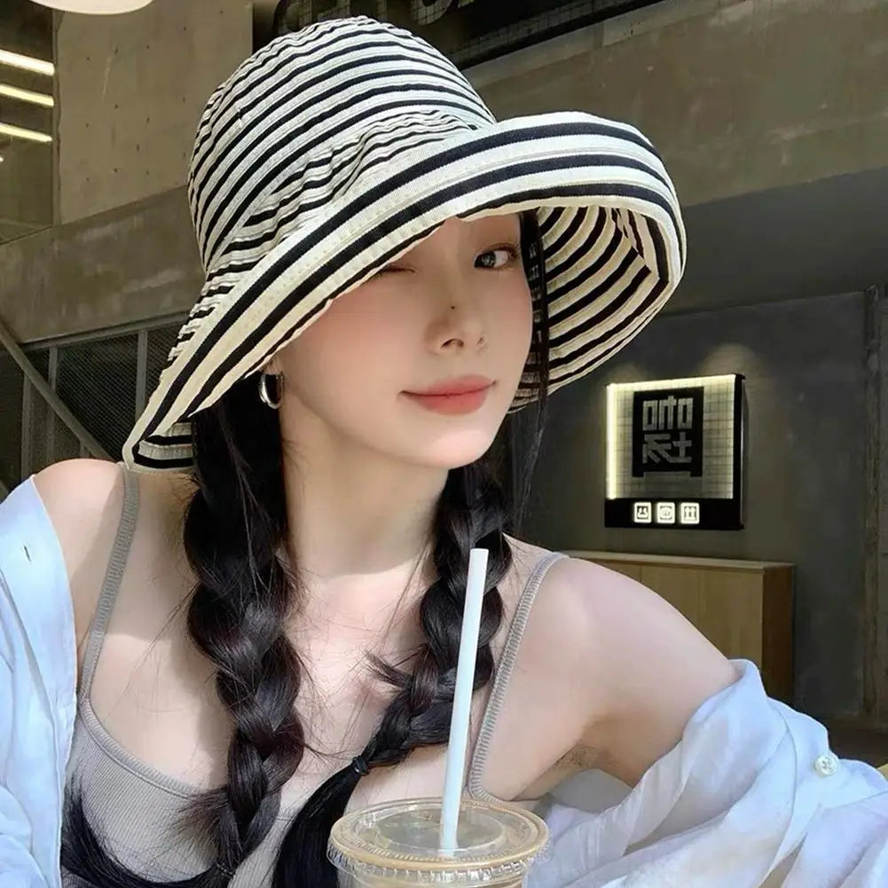 Retro Striped Wide Brim Fisherman Sun Hat – Foldable UPF50+ Sun Hat Zpaxo