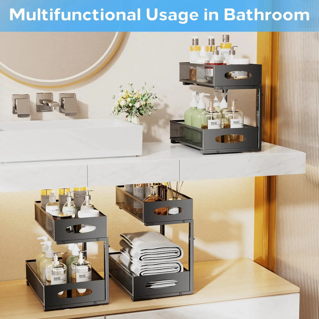 Under Sink Organizers and Storage, Adjustable 2 Tier Metal Pull out Cabinet Organizer for Bathroom, Kitchen, Pantry Zpaxo