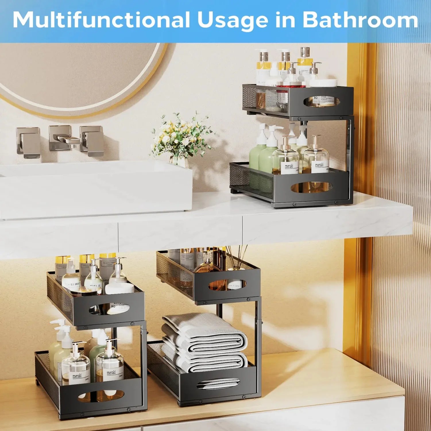 Under Sink Organizers and Storage, Adjustable 2 Tier Metal Pull out Cabinet Organizer for Bathroom, Kitchen, Pantry Zpaxo