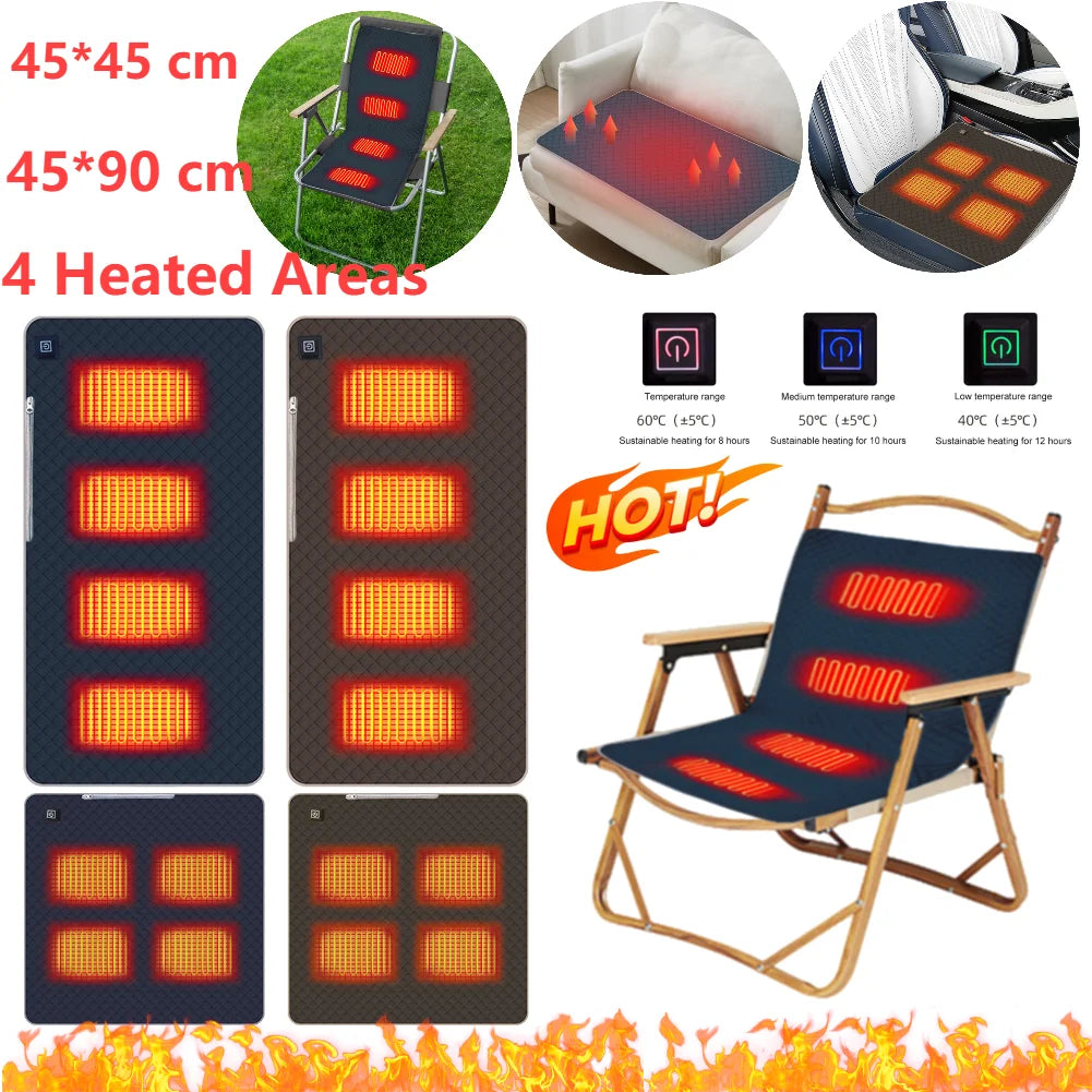 Camping Chair Heated Cushion 3 Adjustable Temperature Heated Chair Cushion Type C/USB Charging for Outdoor Travel 4 Heated Areas Zpaxo