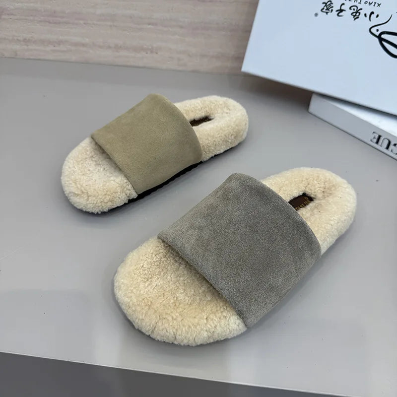 Flats Women Slippers Fur Casual Shoes Suede 2025 Winter Open Toe