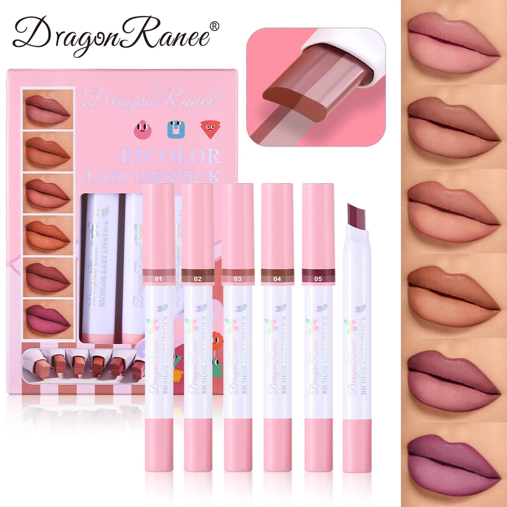 Set of Six Two-Color Lipstick Pens in a Box, Matte and Long-Lasting, Two-Color, Fine Texture, Waterproof, Non-Fading Lip Gloss, Natural and Easy-To-Apply Lipstick Set Zpaxo Dr210 Full Size