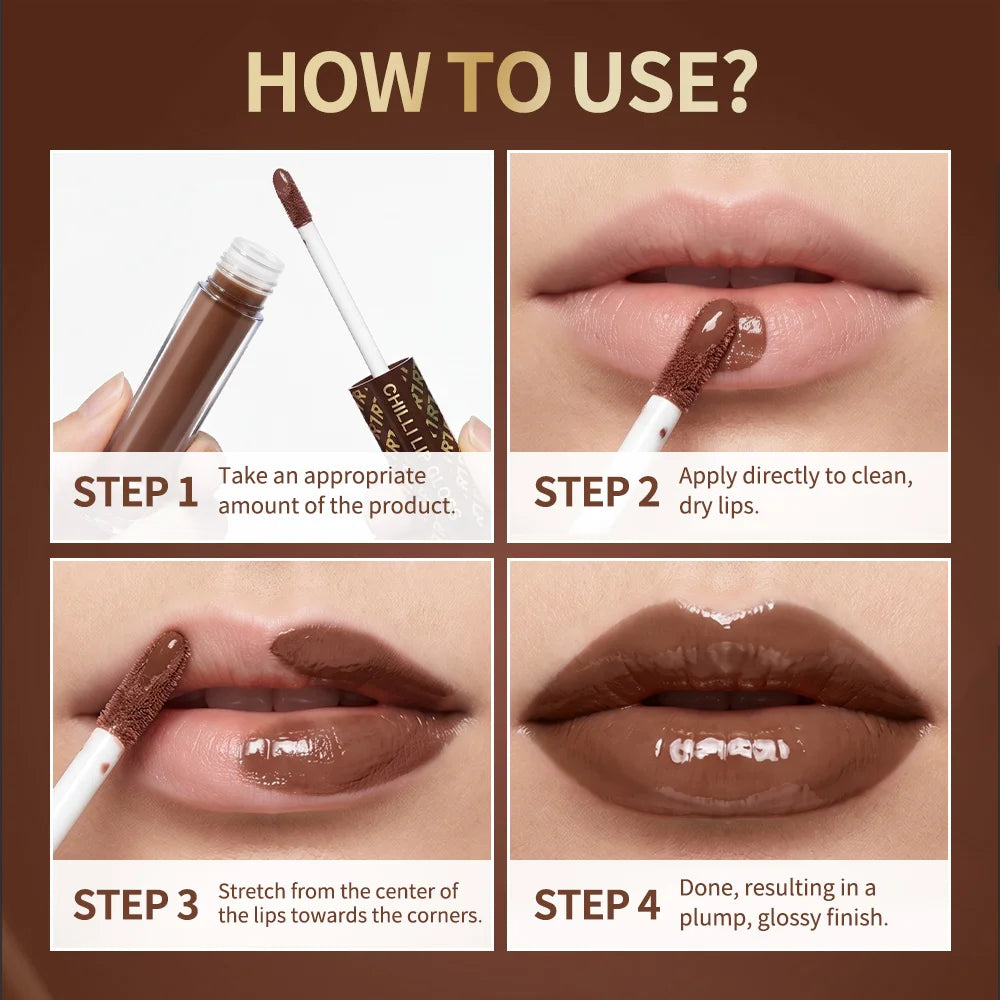 Chocolate Chilli Lip Gloss Lip Gloss Instant Plump Lips Mirror Gloss Finish Moisturizing Non-drying Lip Plumper Lipstick Makeup Zpaxo